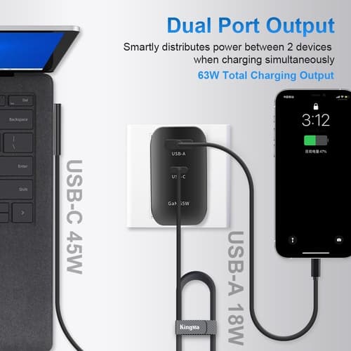 KingMa 65W GaN Wall Charger PD USB-C พร้อมสายชาร์จชาร์จเร็ว 3 พอร์ต สำหรับ Laptop / Phone / Tablet thumbnail 4