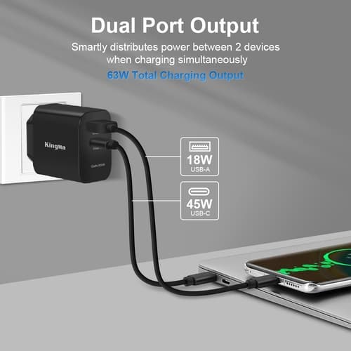 KingMa 65W GaN Wall Charger PD USB-C พร้อมสายชาร์จชาร์จเร็ว 3 พอร์ต สำหรับ Laptop / Phone / Tablet thumbnail 3