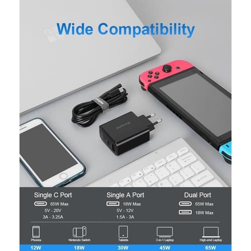 KingMa 65W GaN Wall Charger PD USB-C พร้อมสายชาร์จชาร์จเร็ว 3 พอร์ต สำหรับ Laptop / Phone / Tablet thumbnail 5